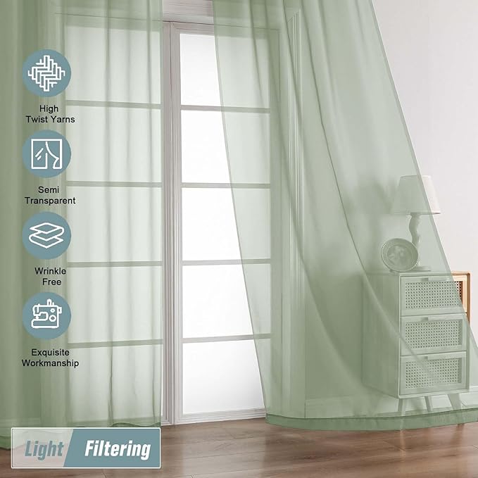 Sage Green Sheer Curtains for Window 72 inches Long 2 Panels Set, Soft Airy Modern Light Filtering Sheer Curtains for Living Room Bedroom, Dual Rod Pocket Solid Window Drapes, 2x42Wx72L inches