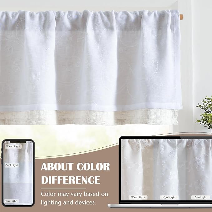 jinchan Linen Valance for Window Embroidered Farmhouse Light Filtering Voile Valance for Living Room Kitchen Beige Cottage Rustic Double Layer Curtain 16 Inch 1 Panel White