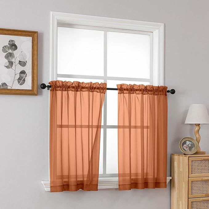 Orange Small Sheer Curtains 2 Panels Set, Kitchen Curtains 36 Inch Length, Elegant Light Filtering Short Window Drapes for Living Room Bedroom, Dual Rod Pocket Design, 2x42Wx36L Inches
