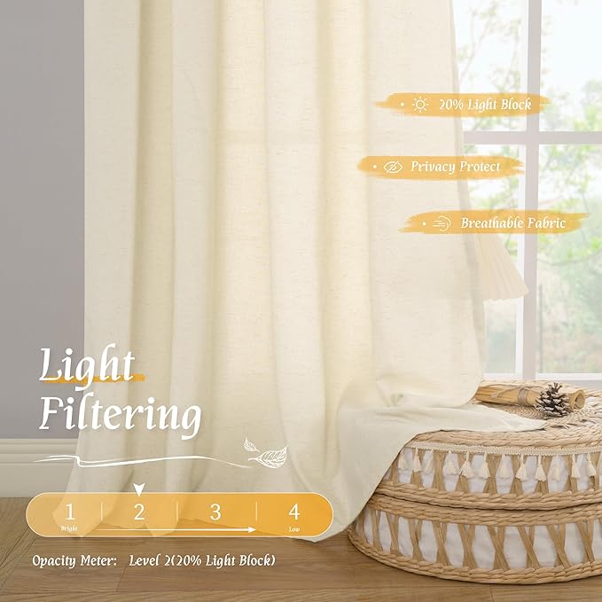 LAMIT Light Beige Linen Semi Sheer Curtains 45 Inch for Bedroom, Light Filtering Neutral Privacy Window Curtains Boho Rod Pocket Living Room Decor Panels for Loft Room, 2 Panels, 42 x 45 Inch