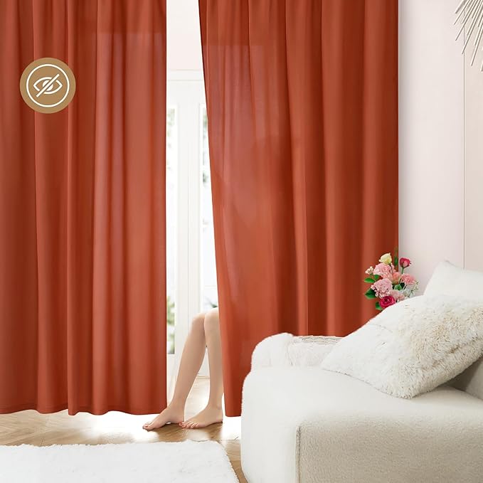 HOMEIDEAS Non-See-Through Fall Burnt Orange Privacy Sheer Curtains, 52 X 45 Inches Long 2 Panels Sheer Curtains Light Filtering Window Drapes for Bedroom Living Room
