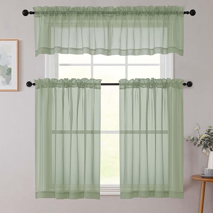 Sage Green Valances for Windows, Sheer Curtains 14 Inch Length 2 Pack Kitchen Curtain, Modern Solid Mini Small Window Curtains for Cafe Bathroom Basement, Sage Green, Each 42" Wx14 L Inches