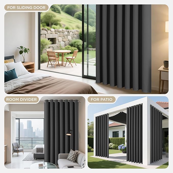 Joydeco Blackout Patio Sliding Door Curtains 84 Inches Long, Grommet Privacy Room Divider Curtains, Extra Wide Thermal Blackout Drapes for Bedroom Living Room (Grey, 100Wx84L, 1 Panel)