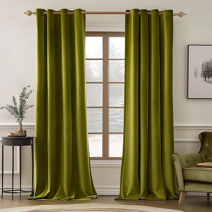 MIULEE Velvet Curtains Olive Elegant Grommet Thermal Insulated Soundproof Green Room Darkening Curtains/Drapes for Classical Living Room Bedroom Decor 52 x 90 Inch Set of 2