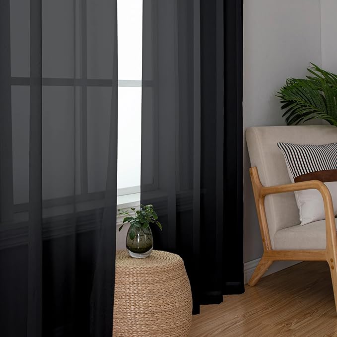Chyhomenyc 2 Panels Extra Long Sheer Window Curtains 120 Inches Length, Elegant Window Voile Panels/Drapes/Scarf/Treatment/Backdrop for Living Room Wedding Party Home Decor (42W x 120L inches, Black)