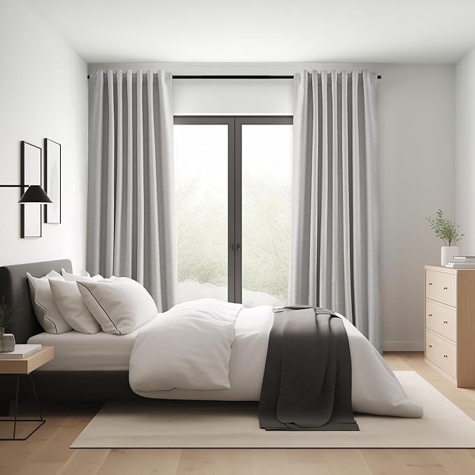 Topfinel 105 Inches Long Custom Black Out Faux Thick Linen Drapery Two Panels, Gray Sound Proof Tape Trim Back Tab Curtains, Pleated Outdoor Patio Curtains, Cortinas para Cuarto Bloqueador Christmas