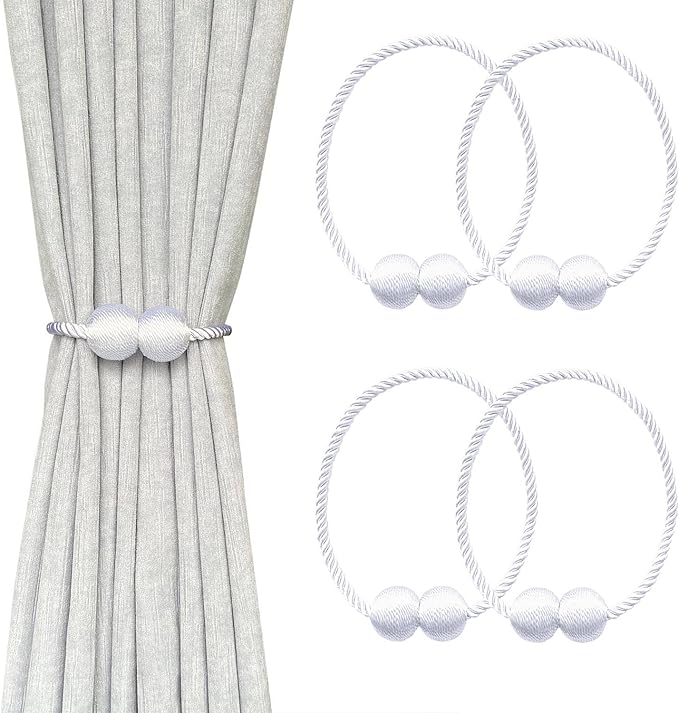 Melaluxe 4 Pack Magnetic Curtain Tiebacks, Decorative Curtain Holdbacks for Window Décor (White)
