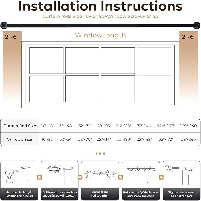 Zeerobee Curtain Rods for Windows 120 to 240, 1 Inch Industrial Wrap Around Matte Dark Brown Curtain Rod, Indoor/Outdoor Room Divider Adjustable Drapery Pole, 120"-240"