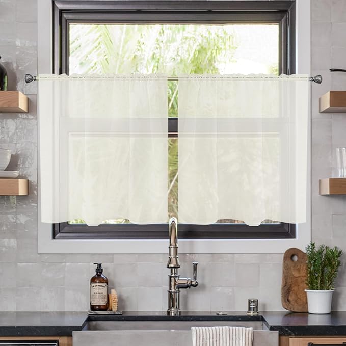youleyar Solid Sheer Rod Pocket Curtain Voile Draperies 2 Panels White Beige Black Ivory Coffee 26 Inch Width 24 Inch Long 1 Pair for Kitchen Bedroom Children Living Room Yard(Ivory,26Wｘ24L)