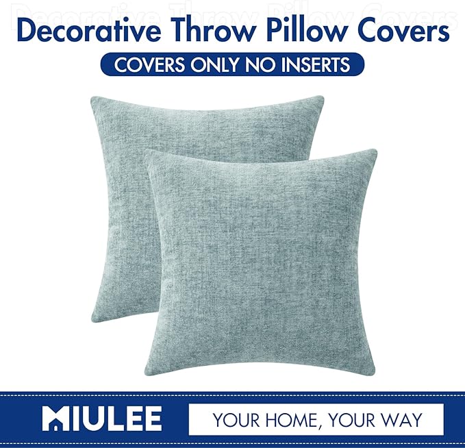 MIULEE Pack of 2 Light Blue Throw Pillow Covers 18x18 Inch Soft Chenille Pillow Covers for Sofa Living Room Spring Home Decor Couch Solid Dyed Cases