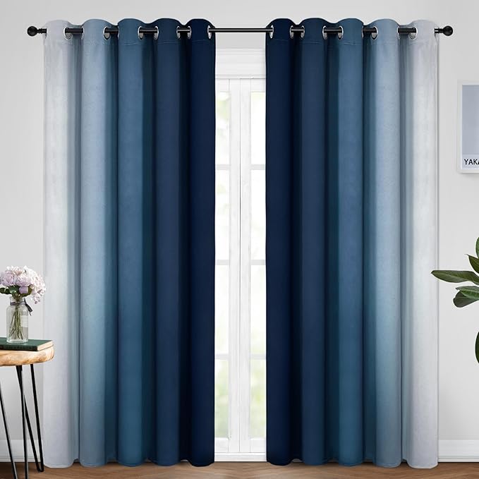 Yakamok Blue Ombre Curtains Room Darkening Grommet Curtains for Bedroom, Light Blocking Thermal Insulated Window Drapes for Living Room(2 Panels, 62x84 Inch)