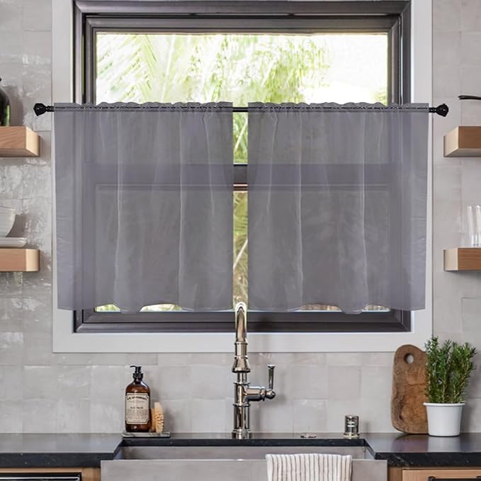 youleyar Solid Sheer Rod Pocket Curtain Voile Draperies 2 Panels White Beige Black Ivory Grey 26 Inch Width 24 Inch Long 1 Pair for Kitchen Bedroom Children Living Room Yard(Grey,26W x 24L)