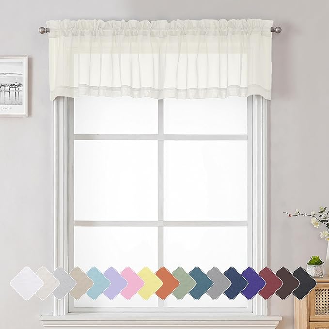Lecloud 14 Inch Ivory Sheer Curtains Valance 2 Pieces, Cafe Kitchen Curtain for Small Window Dual Rod Pockets, Light Filtering Living Room Bedroom Half Valance Curtains, 40" Wx14 L