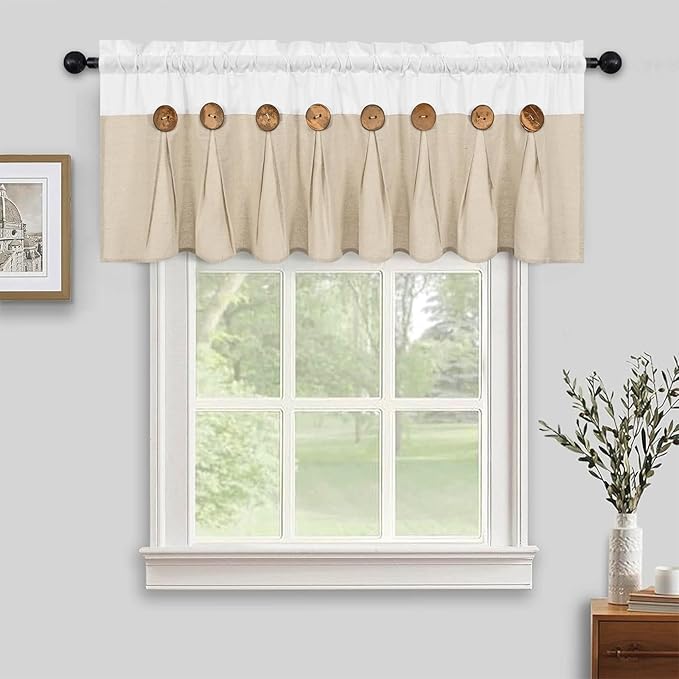 FRAMICS Farmhouse Valance Curtains, Boho Cotton Linen Kitchen Valance, Rustic Button Window Valances for Kitchen, Country Rod Pocket Valances for Windows Bathroom, White and Linen, 52 x 18 Inch