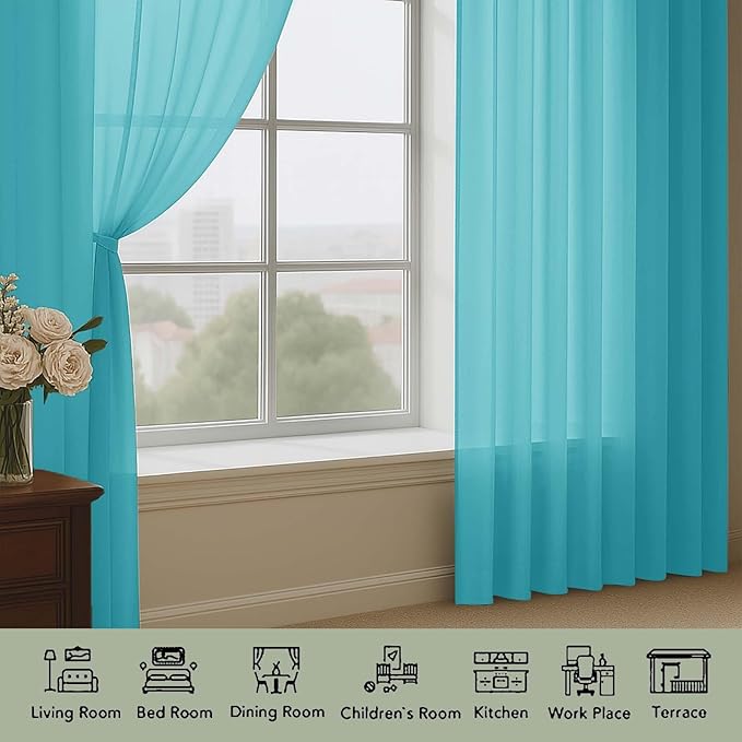 OWENIE Turquoise Sheer Curtain 90 Inches Long 2 Panels Set, Solid Filmy Drapes for Living Room Bedroom, Elegant Window Voile Sheer Curtain Panels Drapes, 2 Pcs, Each 59" Wx90 L Inch