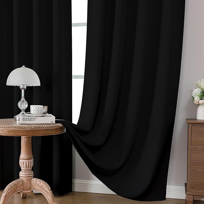 CUCRAF Black Blackout Curtains 108 inch Length 2 Panels Set, Rod Pocket Room Darkening Drapes for Bedroom Living Room, Insulated Thermal Light Blocking Window Curtain (W52 x L108 Inch)