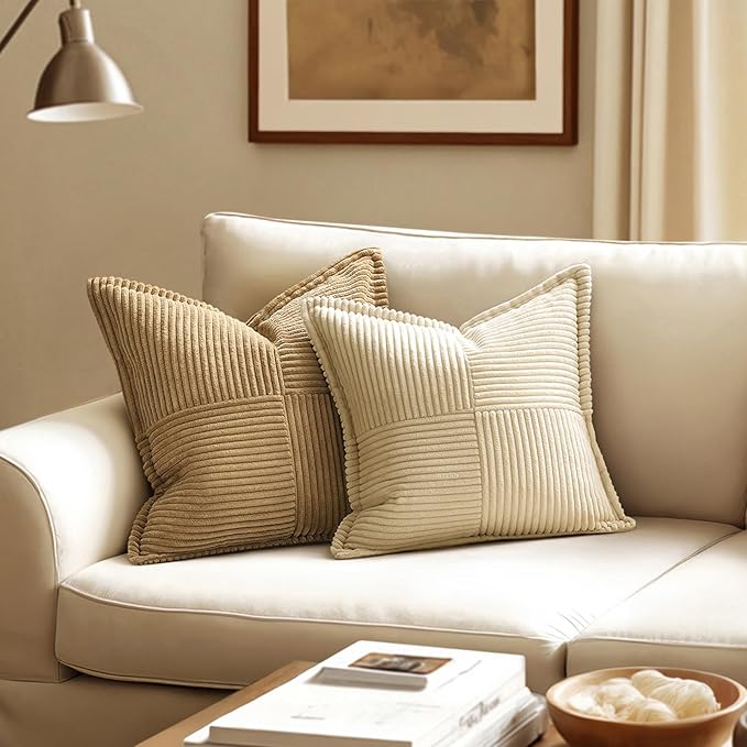 MIULEE Cream Corduroy Decorative Euro Sham Pillow Covers 24x24 Inch with Splicing Set of 2 Soft Boho Pillow Covers Broadside Textured Pillowcases for Couch Bed Livingroom