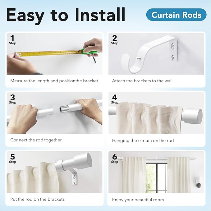 IFELS 2 Pack Heavy Duty Curtain Rods for Windows 48 to 84 Inch, 1 Inch White Curtain Rods Set of 2 Pack for Outdoor, Farmhouse, Bedroom, Adjustable Easy Install Drapery Rod (A2,White,30"-90"-2Pack)