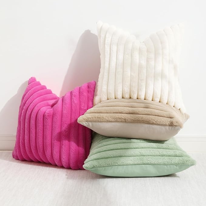 decorUhome Summer Cozy Faux Fur Throw Pillow Covers 22x22 Set of 2 Decorative Soft Plush Striped Modern Farmhouse Boho Couch Euro Sham Pillow Cases with Velvet Back for Sofa Bed Living Room, Hot Pink