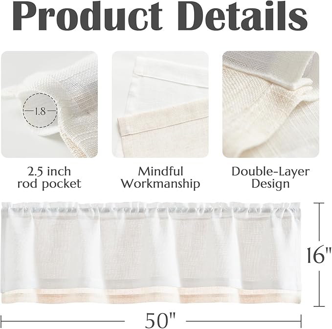jinchan Linen Farmhouse Valances for Living Room Windows 16 Inch Slubbed Crossed Double Layer Window Valances Light Filtering Rustic Country Overlay Rod Pocket 2 Panels White