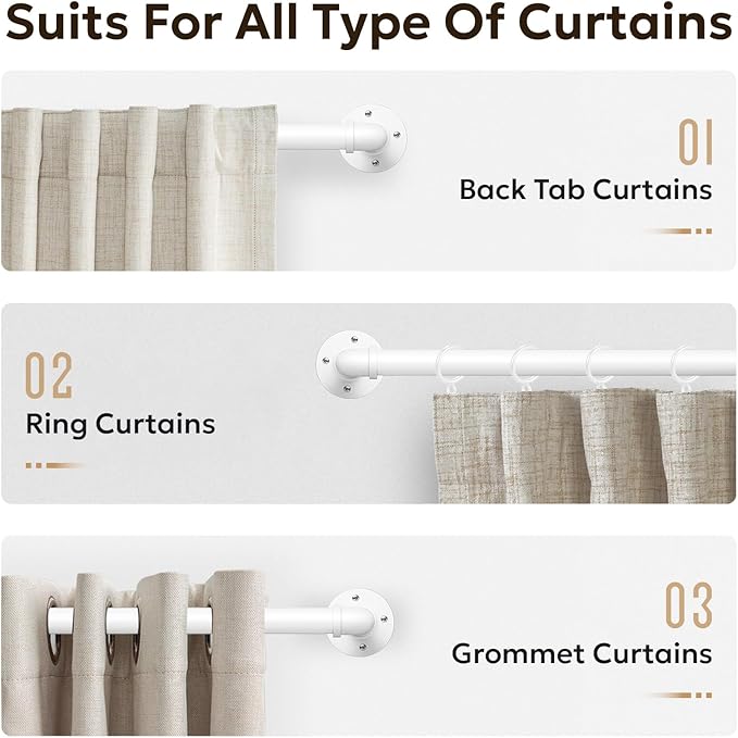 Zeerobee Curtain Rods for Windows 48 to 84, 1 Inch Industrial Wrap Around White Curtain Rod, Indoor/Outdoor Room Divider Adjustable Drapery Pole, 48"-86"