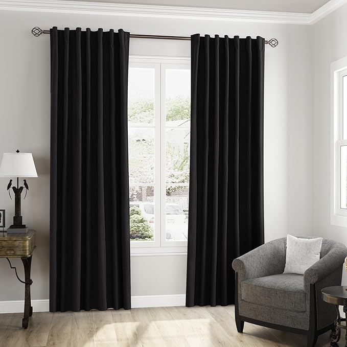 Guken Black 100% Blackout Curtains 120 Inch Length 2 Panels Set for Living Room Bedroom Back Tab Thermal Insulated Black Out Linen Drapes Room Darkening Window Curtains,52x120