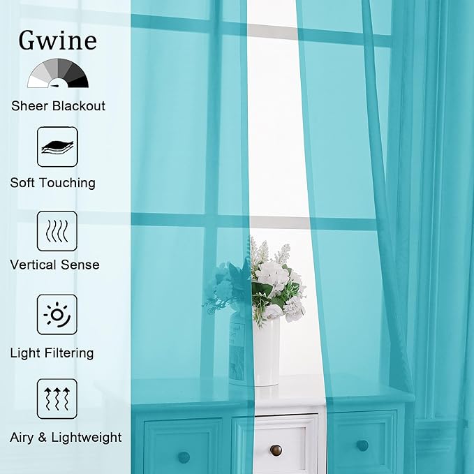 Gwine Turquoise Sheer Curtains for Bedroom 54 inches Long 2 Panels, Light Filtering Voile Rod Pocket Curtains, Airy Transparent Sheer Drapes for Living Room, Each 42" Wx54 L