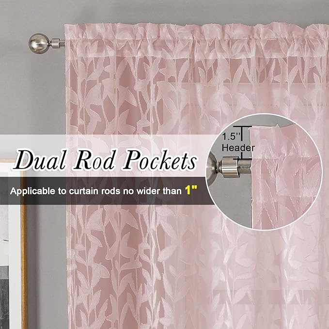 Lecloud Leia Blush Pink Sheer Curtains 36 Inch Length 2 Panels, Jacquard Leaf Textured Voile Short Curtains, Dual Rod Pocket Semi Sheer Tiers for Kitchen Bathroom Bedroom Living Room, 28" W x 36" L