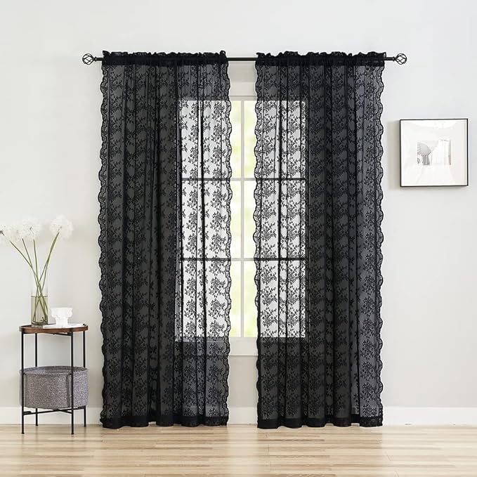 YJ YANJUN Vintage Lace Curtains 72 inch Length Goth Black Floral Sheer Sidelight Curtains for Front Door Coffin/Dark/Halloween/Spooky/Skull/Moody/Witch/Creepy Room Decor 52" W x 72" L