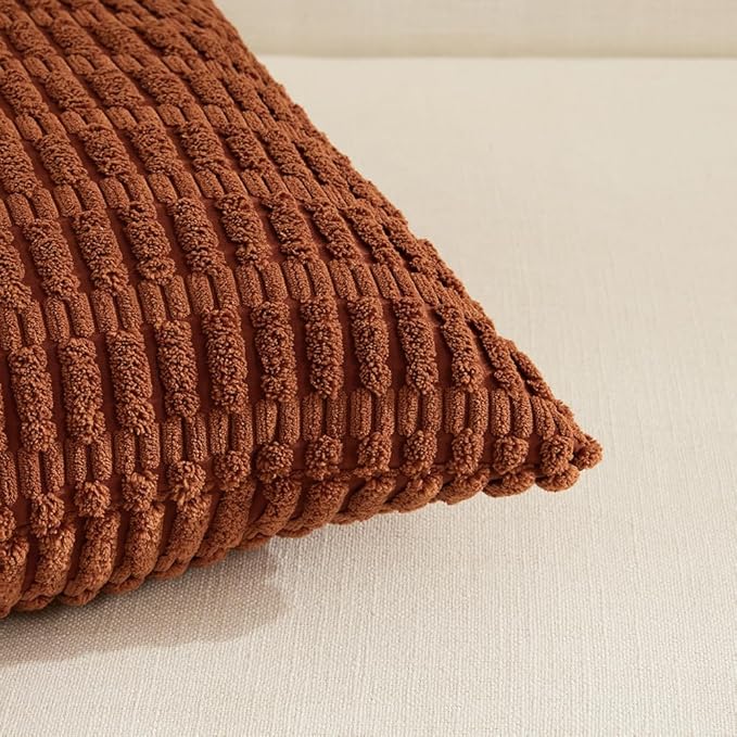 Fancy Homi 4 Packs Rust Decorative Throw Pillow Covers 20x20 Inch for Living Room Couch Bed Sofa, Terracotta Rustic Farmhouse Boho Home Decor, Soft Plush Striped Corduroy Square Cushion Case 50x50 cm