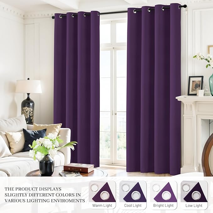 Yakamok Room Darkening 100% Blackout Curtains Grommet Window Treatments with 2 Thick Layers-Purple Thermal Insulated Drapes Set of 2 Panels for Bedroom Living Room 38 Inches by 63 Inches Length