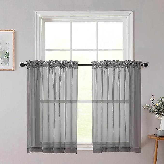 Cafe Curtains 36 Inch Length Tier 2 Pieces, Modern Soft Airy Sheer Kitchen Short Curtains for Small Window, Rod Pocket Small Curtain for Bathroom Basement, Grey, Each, 42" Wx36 L Inches
