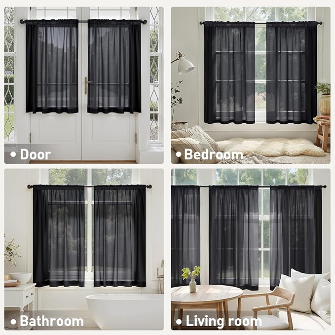 MIULEE Short Sheer Curtains 45 Inches Long, 4 Panels Set, Light Filtering Rod Pocket Curtains for Kitchen/Bathroom Small Windows, 42W x 45 Inches, Black