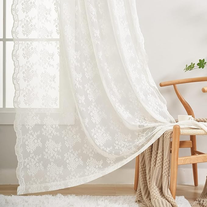 YJ YANJUN Vintage Lace Curtains - Fancy Flower Pattern Ivory 102 Inch Long Curtain Panels for for Patio Sliding Door Bedroom Counrty Cream Light Filtering Drapes 2 Panels Set,52x102 Inch Off White