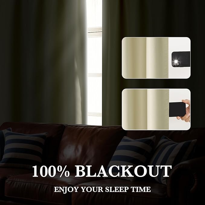 RYB HOME Bedroom Blackout Curtains 72 inches Long, 100% Blackout Thermal Insulated Noise Reducing Curtains for Living Room Nursury, 34 inches Wide by 72 inches Long, Beige