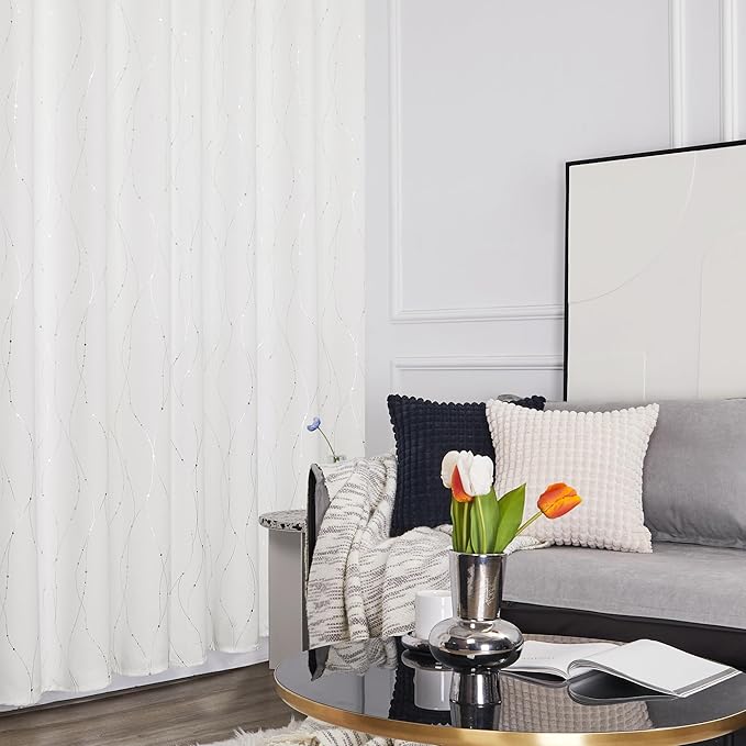Deconovo White Curtains 63 Inches Long, Room Darkening Curtain, Thermal Insulated Soundproof Drapes, Wave Dots Silver Print, Grommet Top, Window Panels for Living Room Bedroom Nursery Office, Set of 2