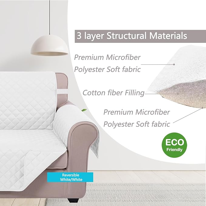 U-NICE HOME Loveseat Sofa Cover Reversible Couch Cover for Dogs with Elastic Straps Water Resistant Furniture Protector for Pets Couch Cover for 2 Cushion Couch (Loveseat, White/White)