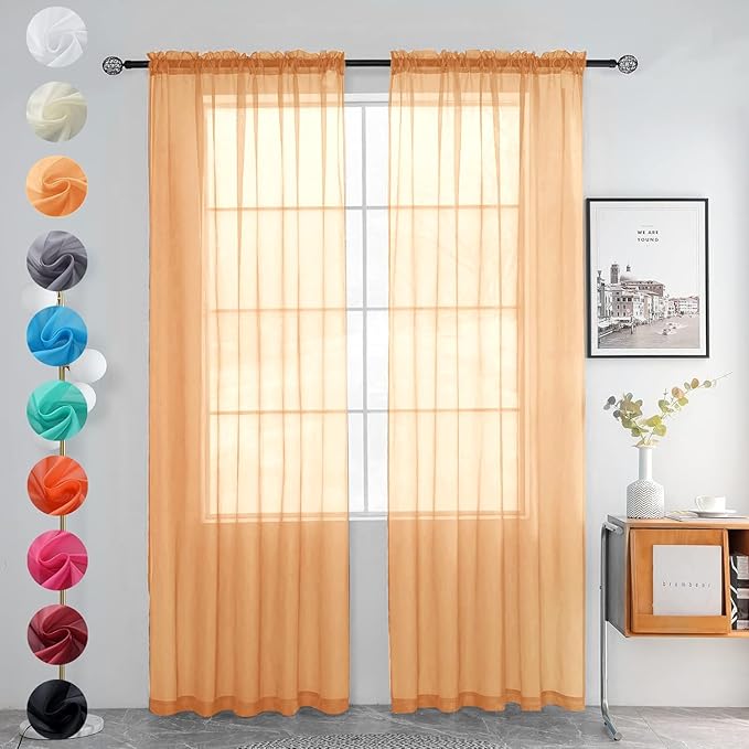 youleyar Solid Sheer Rod Pocket Curtain Voile Draperies 2 Panels White Beige Black Grey Coffee 38 Inch Width 63 Inch Long 1 Pair for Kitchen Bedroom Children Living Room Yard(Beige,38Wｘ63L)