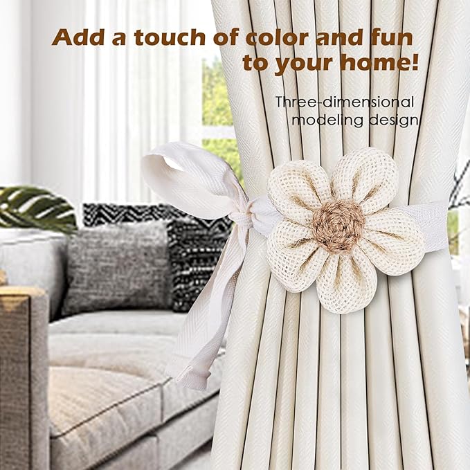 SRG 4pcs Handmade Rope Curtain Tiebacks | Boho Flower Curtain Holdbacks | Simple Elegant Sunflower Curtain Holders | Boho Bedroom Decor（Cream&Khaki）