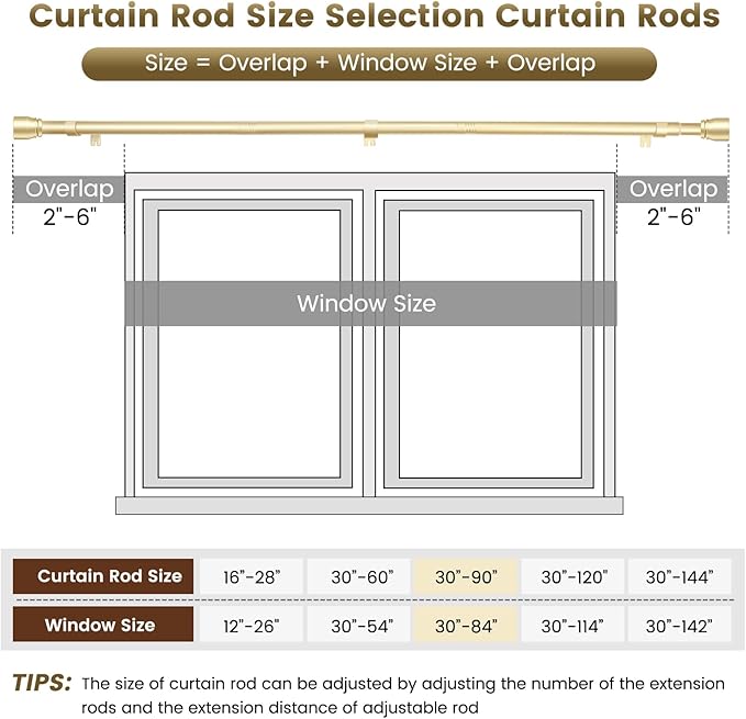 1” Diameter Gold Curtain Rod Itself is 30-90 Inch 2 Pack, Fit 30 to 84 Inch Windows with Heavy Duty Adjustable Telescopic Rod，Splicing Metal Extra Long Curtain Rod for Windows