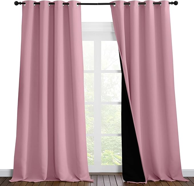 NICETOWN 100% Blackout Blinds, Set of 2, 52 inches x 102 inches, Laundry Room Decor Window Treatment Curtains for Large Patio Sliding Door, Thermal Insulated Crystal Pink Curtains for Bedroom