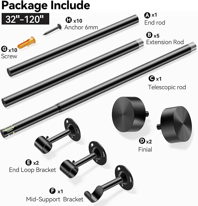 YaFex Heavy Duty Curtain Rods 32-120 Inch, 1 Inch Adjustable Black Curtain Rod for Windows, Long Window Treatment Rods with Aluminium Finials, Easy Installation