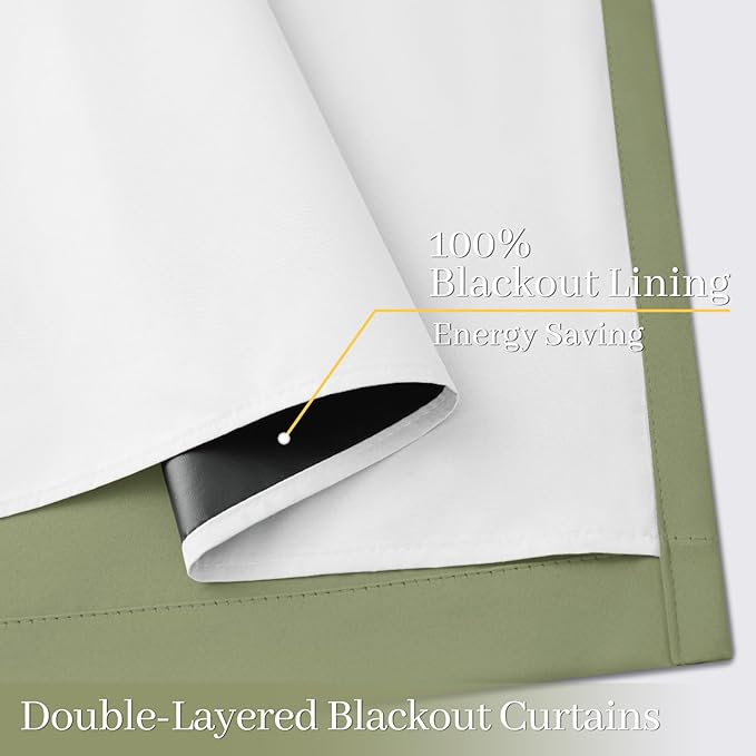 Yakamok 100% Blackout Curtain Panels 96 inches Cold and Light Blocking Drapes for Nursery, 2 Thick Layers Thermal Insulated Draperies (2 Pieces, 40 Wide Each Panel, Sage Front with White Backing)