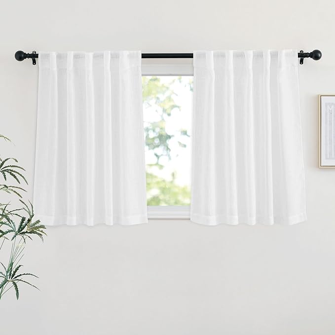 NICETOWN White Semi Sheer Kitchen Curtains 30 inch Length, Rod Pocket & Back Tab Faux Linen Blend Privacy with Light Filtering Window Drapes for Cafe, W34 x L30, 2 Panels