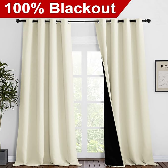 NICETOWN Thermal Insulated 100% Blackout Curtains, Noise Reducing Performance Drapes with Black Lining, Full Light Blocking Drapery Panels for Patio (Beige, 1 Pair, 55 inches x 96 inches)