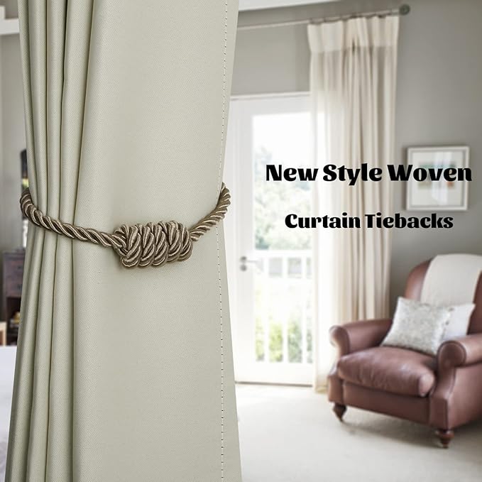 BEL AVENIR Magnetic Curtain Tiebacks, Decorative Drapery Holdbacks Modern Woven Tie-Backs with Exquisite Knot (Flaxen, 4 Pack)