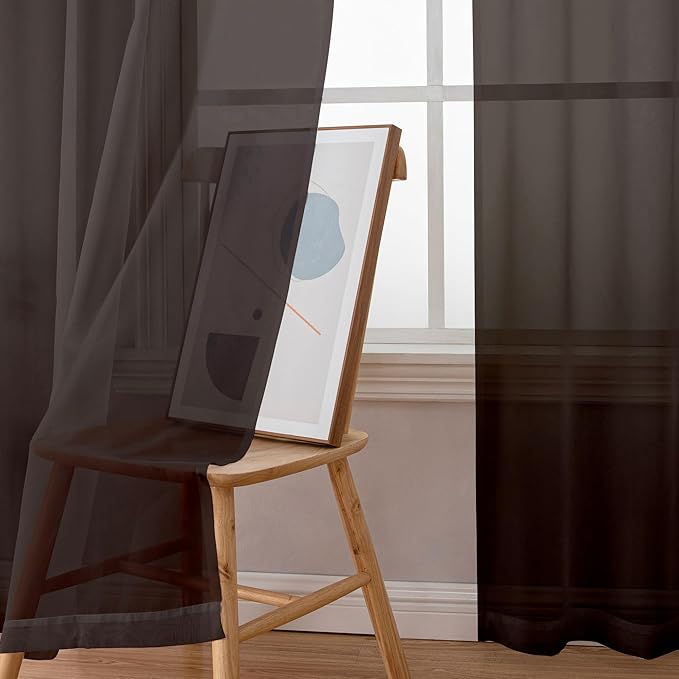 Simplebrand Chocolate Short Sheer Curtains 45 Inch Length for Small Windows, Rod Pocket 2 Panels Set Solid Voile Drapes Window Sheer Curtains for Bedroom Bathroom Kids Room Kitchen, 42x45 Inch, 2pcs