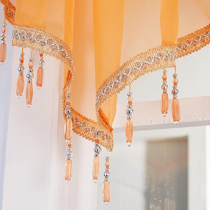 Molaxhome Swag Curtain 51 inch Length Rod Pocket Scalloped Curtain Valance Sheer Lace Panels with Hanging Crystal Beads for Kitchen Bedroom Window Treatments Drape Decor 1pc (Orange, 51Wx23L)