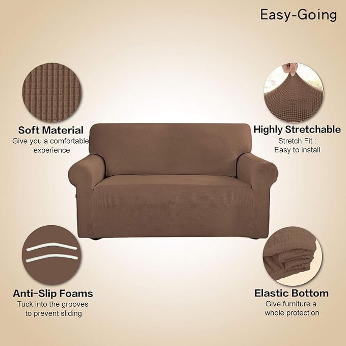 Easy-Going Stretch 4 Seater Sofa Slipcover 1-Piece Sofa Cover Furniture Protector Couch Soft with Elastic Bottom for Kids, Polyester Spandex Jacquard Fabric Small Checks Brown