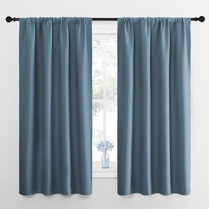 NICETOWN Kitchen Curtains, Short Blackout Drapes, Smoky Blue, 34" Wide by 54" Long, 2 PCs, Thermal Insulated Blackout Curtain Panels for Kids Room, Play Room